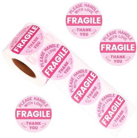 500pcs Fragile Stickers for Shipping, 2 Inch Round Handle with Love Thank You Labels Cute Pink Fragile Warning Stickers for Packing Boxes Moving Glassware & Breakable Items