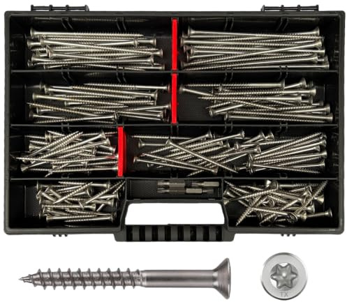 FRACKMANN Edelstahl Schraubenset 165 Teile – V2A Holzschrauben & Spanplattenschrauben 5x45 bis 5x120 – inkl. 4 TX Bits & Sortimentskoffer – Profiqualität