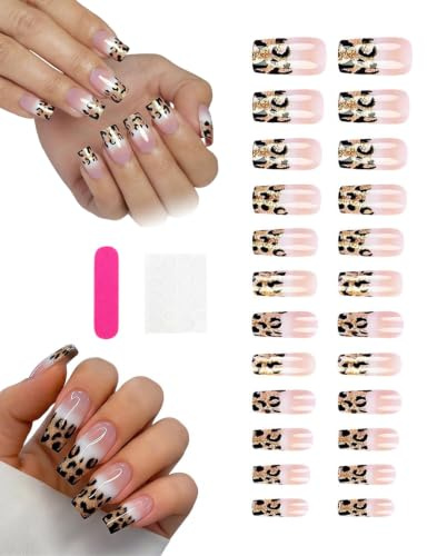 FIMWOLZ 24 Pezzi Unghie Finte con Design, Unghie Artificiali French Adesive per Donne (Medium Square) (Leopardo, Glitter Oro, Gradiente Nude)