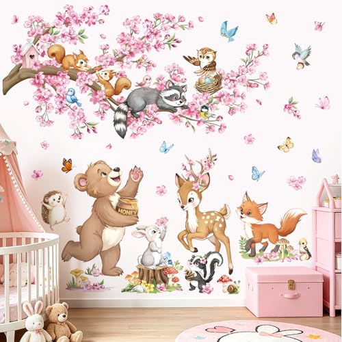 decalmile Sticker Muraux Fleurs de Cerisier Animaux Bois Autocollant Mural | Stickers Décoratifs Muraux Peel and Stick, Décoration Murale Amovible et Sûre pour Murs, Sticker Mural Couleurs Vives