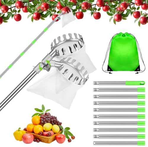 Hysagtek 4M Obstpflücker - Obstpflücker mit Teleskopstiel | 180° Klappbarer Kirschenpflücker, Verstellbarer Apfelpflücker Ohne Leiter für Apfel, Birnen, Kirschen