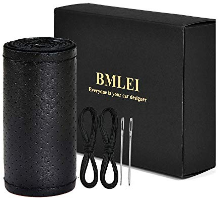 BMLEI Top Genuine Leather Steering Wheel Cover with Anti-Slip Design, Soft Padding, Universal 15 Inch Auto Car Steering Wheel Stitch on Wrap