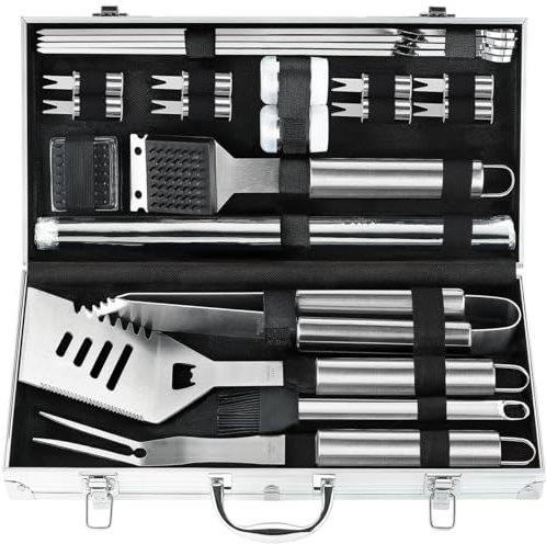 POLIGO 21Pcs Kit Accessori Barbecue in Acciaio Inox - Set Barbecue in Custodia di Alluminio - Regalo di Compleanno per Uomo Perfetto - Set di Utensili per Barbecue di Alta Qualità