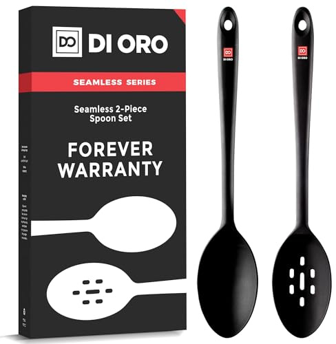 DI ORO Silicone Spoons for Cooking - Large Kitchen Spoons for Mixing, Serving, & Stirring - 600°F Heat-Resistant Non Stick Utensils – Big Solid & Slotted - Dishwasher Safe (2pc, Black)