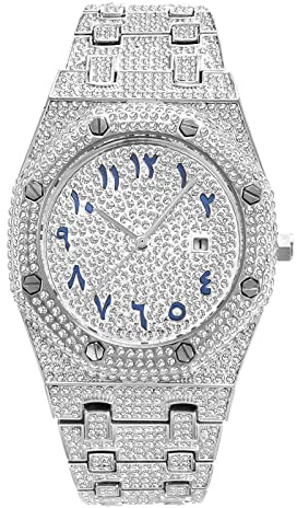 ICEDIAMOND CZ Diamant Charm Quarz Armbanduhr, vereist helle Zirkonsteine 43mm Kalender Zifferblatt Hip Hop Trend Schmuck Uhr für Männer (Gold) (White)