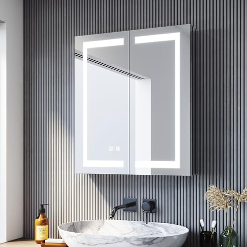 SONNI Spegelskåp, badrum med belysning, 60 cm, brett, dimfritt, LED-spegelskåp och uttag, 2-dörrars badrumsspegelskåp med touch-knapp, kallvit/neutral vit/varmvit