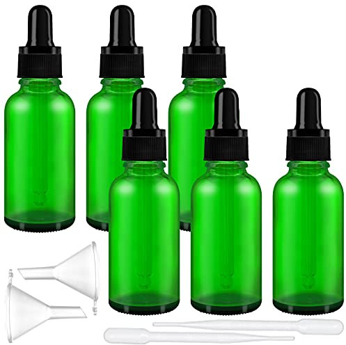 YHSWIN Glas Pipettenflasche 30ml - 6 Stück Grüne Tropfflasche mit Glaspipette Nachfüllbare Leere, für die Ätherische Öle Aromatherapie (Inklusive 2 Tropfer und 2 Trichter)