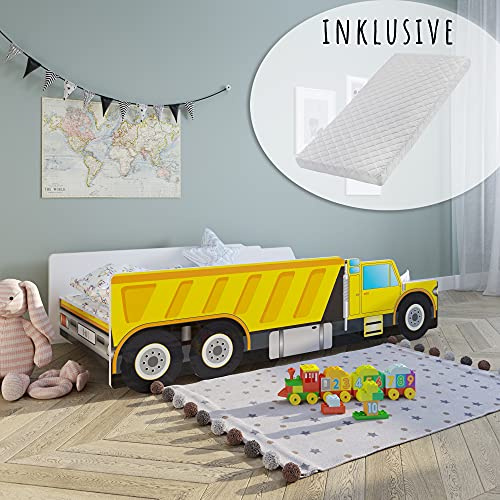 Kids Collective Autobett Kinderbett Jugendbett 70x140 | 80x160 mit Rausfallschutz & Matratze | Baustelle Bagger Kran Kipplader Kinder Spielbett | von Geburt bis 6. Lebensjahr