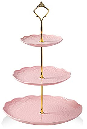 Sweejar Supporto per torte in ceramica a 3 livelli per matrimoni, dessert e cupcake per piatti da tè (rosa rosa)