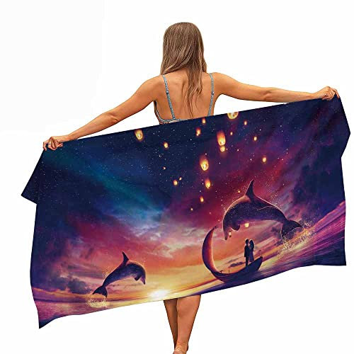 JXSMYT Strandtuch Microfaser Handtuch Extra Groß Badetuch Für Damen Kinder Dünn Ultraleicht Duschtücher Ideal Für Reisen Fitness Delphin Blau Bedruckt,saunatuch Damen (A02,70x140cm)