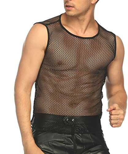 ROSVAJFY Maglietta Muscolare da Uomo Senza Maniche, a Rete Trasparente, Traspirante per Sport, Palestra, Clubwear, Sexy, Nero, L