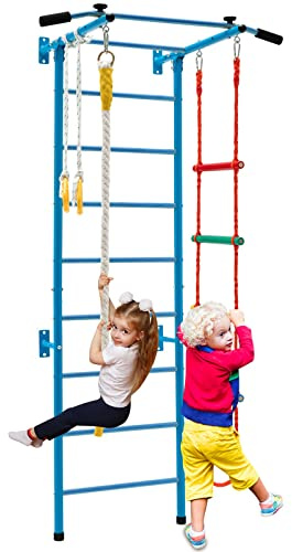 DREAMADE Échelle Suédoise Enfant 5 en 1, Espalier Suédois avec Échelle de Corde Échelle Murale Barre de Traction Corde Anneaux, Jungle de Jeu Intérieur Capacité de Charge 100KG (Bleu)