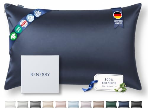 RENESSY Kissenbezug aus 100% Bio-Seide 40x80cm - 22 Momme Maulbeerseide, Güteklasse 6A, Oeko-Tex zert. in Deutschland - Luxus für Haar und Haut, 1 Stück (Marineblau)
