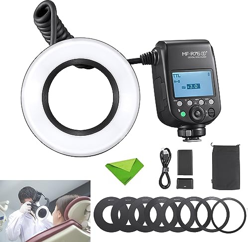 Godox MF-R76S+ TTL Flash annulaire Dentaire 76 WS GN14 CCT 5900 K ± 200 K 550 flashs Pleine Puissance, Temps de Recyclage 0,1-1 s Flash Macro pour Sony A7M4, A7R5, A6400, ZV-E10