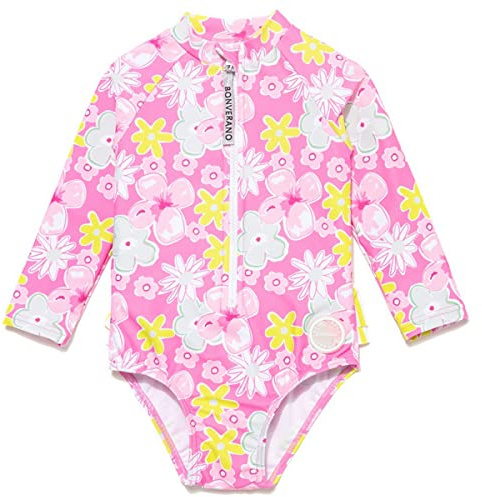 BONVERANO Traje baño bebé protección Solar UPF 50+ Cierre Cremallera con Volantes (Flor 4, 6-9 Meses)