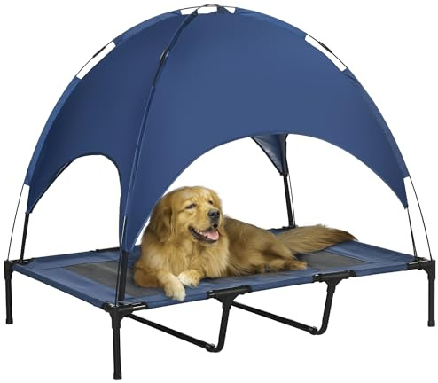 PawHut Erhöhtes Hundebett mit Baldachin Outdoor Dunkelblau 122 x 92 x 108cm | Haustierbett, Hundeliege Outdoor mit Dach, Atmungsaktiv Sonnenschutz, Taftstoff, Camping