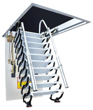 Alloy Steel Attic Ladder Remote Control Loft Stairs, Non-Slip Folding Ladder w/Telescoping Armrests Pull Down from Ceiling