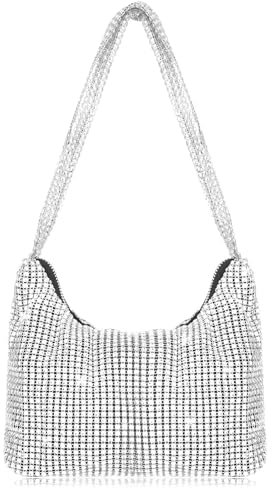 Bewudy Glitzer Abendtasche, Strasssteine Clutch Schultertaschen, Handtasche mit Reißverschluss, Handtasche Hochzeit Elegante Damen Schultertaschen für Hochzeit Party Freizeit Date(Silber)