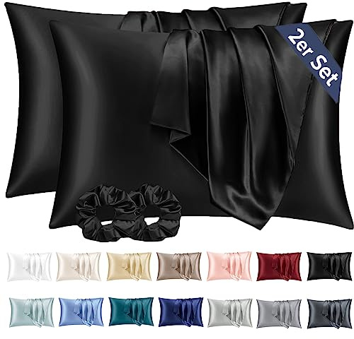 Vielit 2 Stück Satin Kissenbezug 40x60 Schwarz, Weich wie Seidenkissenbezug, Bessere Pflege als Silk Pillosecase, Satin Kopfkissenbezug Kissenhülle für Haar und Haut kommt mit 2 Haargummis
