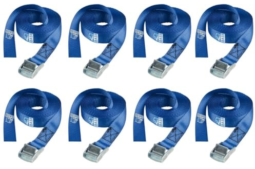 BASI | 8er Set Spanngurte mit Klemmschloss | bis 100 KG belastbar | Zurrgurte in blau | Länge 250 cm x Breite 2,5 cm | Befestigungsriemen | TÜV geprüft | Expander mit Schnappverschluss | 8 Stück