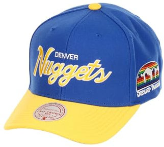 Mitchell & Ness Denver Nuggets NBA Team Script 2.0 Blau Gelb Verstellbare Gebogene Snapback Cap - One-Size