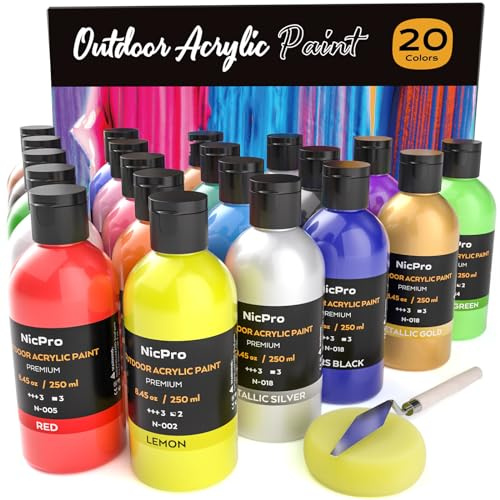 Nicpro Large Bulk Outdoor Acrylic Paint 20 Colors x 250 ml, Rich Art Painting Supplies, Outdoor Paint for Garden Deco, for Multi Surface Wood Metal Canvas Rock Fabric Stone Wall Craft with Color Wheel