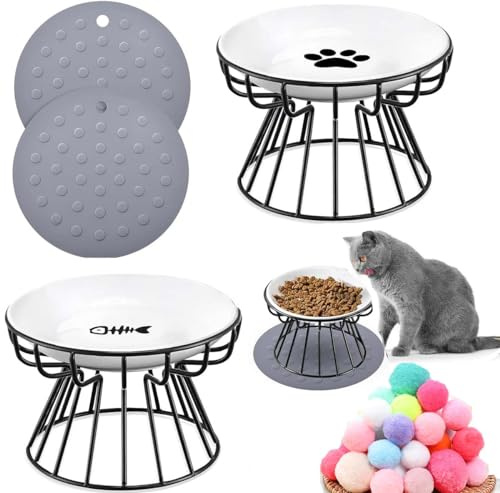 2-teilige Katzenschüsseln Schwarze erhöhte Haustier Schüssel Verhindern Nackenschmerzen Fütterung Breite Katzenschüssel Anti Erbrechen Katzen Futterplatten mit Rutschfester Matte (Schwarz)