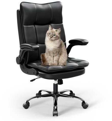 Asukale Bürostuhl Schreibtischstuhl Ergonomisch, Chefsessel mit Kratzfeste Technologieleder, klappbare armlehne, drehbar und Wippfunktion, Höhenverstellbar, Doppelt verdickte Rückenlehne, Schwarz