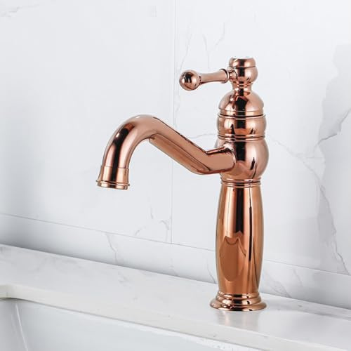 Wasserhahn Bad Waschtischarmatur Retro Antik Stil 360° Drehbar Messing Einhebel Mischbatterie Waschbecken Armatur, Badarmatur Waschtischbatterie Badezimmer, Roségold