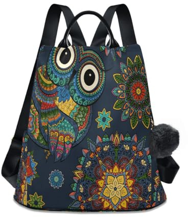 Ksajwzf Damen-Rucksack, Eule mit Mandala-Muster, lässiger Rucksack, leicht, Reisen, Wandern, Camping, Tagesrucksack, Damengepäck, mehrfarbig