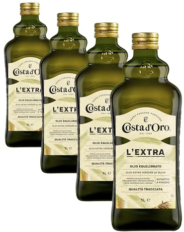 Costa d'Oro d’Oro – L’Extra 1L. Olio Extravergine di oliva estratto a freddo. Sapore equilibrato, adatto a tutte le ricette e come condimento per insalate. Bottiglia da 1 litro. (Confezione da 4)