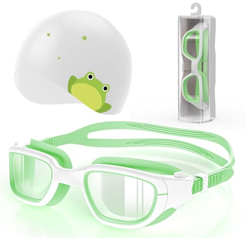 Zeligerstar Kids Swim Goggles with Silicone Swim Cap, Swimming Goggles Cap Set for Kids 6-14, Anti-Fog Anti-UV Pool Glasses for Boys Girls Children