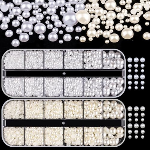 2 Boxen Rund und Halbrund Perlen für Nägel Weiß/Beige Flatback Perlen Nagelschmuck für Frauen Mädchen DIY Professionelle Nagelkunst, Gesichts Make Up