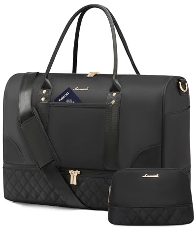 LOVEVOOK Reisetasche Damen Weekender Bag mit Schuhfach & Nassfach, 2-teiliges Set Travel Duffle Sporttasche Groß, Handgepäck Tasche für Flugzeug Reisen Gym Yoga, Schwarz, M