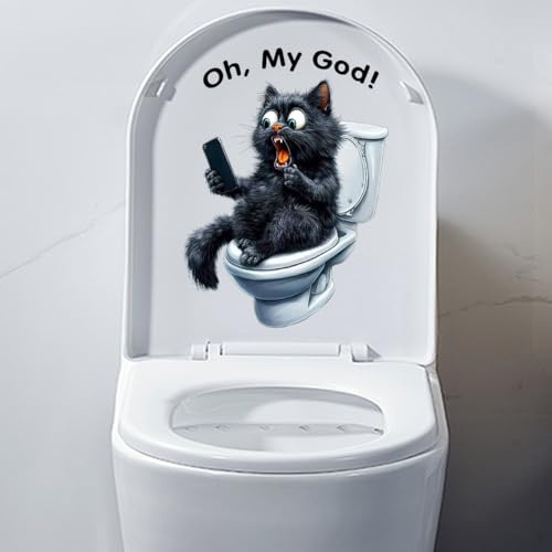Animal 3D Autocollant de WC drôle Surpris Chat Siège de Toilette Couverture Décoration Étanche Siège de Toilette Couvercle Autocollant Salle de Bain Sticker Mural (Chat Noir)