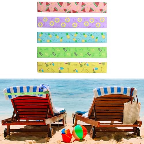 teashow 5Pcs Beach Towel Bands for Sun Loungers,Elastic Sunbed Straps Holders Windproof Cruise Essentials Sun Bed Towels Holder Accessories for Beach, Pool, Cruise Chairs(5 Styles,30x5cm)