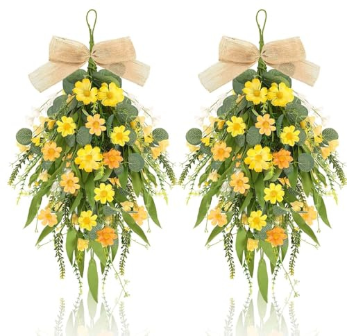 Künstliche Sommerblumen-Girlande in Tropfenform, für Haustür, Frühlingskranz, Gelb, Wildgänseblümchen, Kränze, Blumenkränze zum Aufhängen, für Küchenschrank, Fenster, Wand, Hochzeit, Party