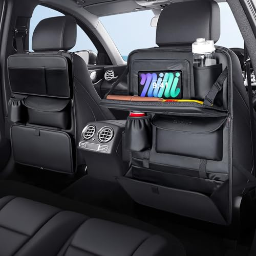 Coverado Car Seat Organizer, Nappa Leather Backrest Protector Kids Waterproof Back Seat Organizer with Tablet Holder/Foldable Food Tray/Foot Mat Protector/Multiple Bags/Trash Bag Holder