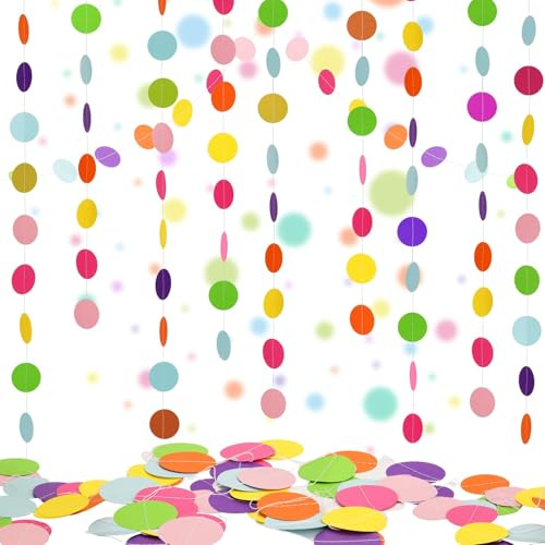 AhfuLife 99 Pcs Rainbow Hanging Paper Garland Bunting for Party Decorations, 10.8 Meters Round Colorful Circle Paper Banner, Polka Dots for Birthday Wedding Garden Indoor Outdoor Party Supplies