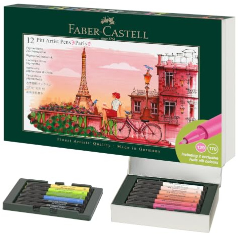 Faber-Castell 267136 - Set regalo Paris, 12 penne a inchiostro Pitt Artist Pen, spessori FM, S, B