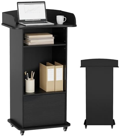 SOCOMFAY Holz-Rednerpult, Stehpult mit Rollen, mit Laptoptisch Funktion und 3 Ablageflächen, Ideales Rednerpult für Kirchen, Vorträge, Schulen und Seminare (Schwarz)