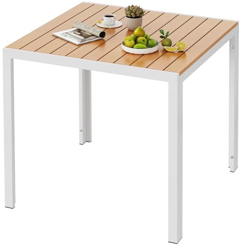 LIFERUN Table de jardin résistante aux intempéries, 75 x 75 cm, en aluminium avec plateau en WPC, table à manger de jardin pour balcon et terrasse, légère, stable, carrée, blanc et teck