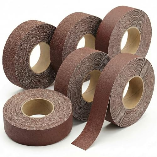 QWORK® 25mm x 8 m Schleifpapier Rolle, 6 Rollen (Körnung 80/150/240/320/400/600), ideal zum Polieren von Metall, Glas und Holz, inklusive Spenderbox