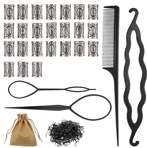 QWORK® Conjunto de 24 cuentas para barba con runas vikingas para hombre: incluye cuentas para rastas, gomas elásticas, accesorios para peinar y estuche