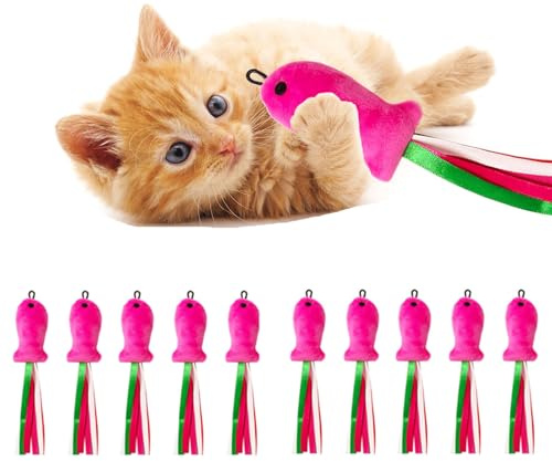 Nzoike Katzenminze Spielzeug, 10 Stück Rosa Fisch Plüsch, 21 cm, Katzenspielzeug mit Federn, Kauspielzeug für Katzen
