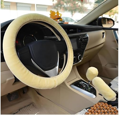 3 Stück Lenkradheizung Bezug Set, Auto Winter Zubehoer, Lenkradbezug Fell Universelle Lenkrad Bezug Set, Inklusive Handbremse und Schalthebel Abdeckungen,Beige