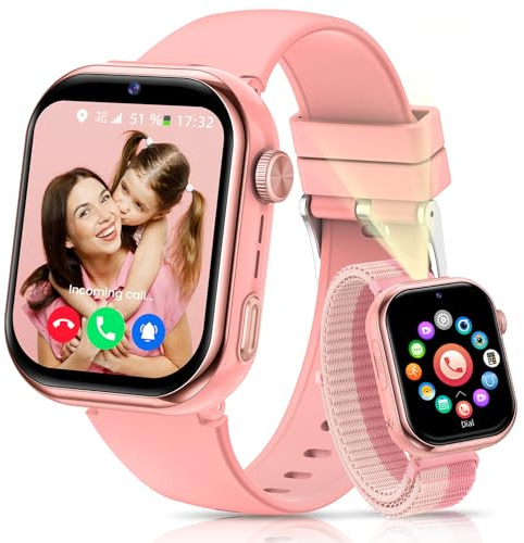RUXINGX Smartwatch Kinder mit GPS und Telefon, IP68 Kinder Smartwatch mit Videoanruf, SOS, Schulmodus, Rosa