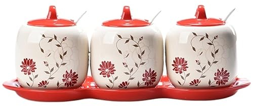 Kryddburk kryddbehållare, set keramisk med lock kryddkruka salt socker kryddburk sked(Red)
