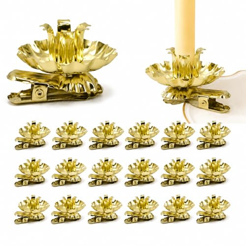 Juego de 20 portavelas reutilizables para árbol de Navidad con clip de metal, diseño vintage dorado con bandeja de goteo y junta ajustable, para ramas de hasta 1,5 cm y velas de 1,5 cm de diámetro