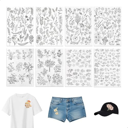 Papel Bordado Soluble Adhesivo,Kit de Bordado Solubles en Agua con Motivos Vegetales,Papel Transfer Textil Ecológica para Principiantes,Ideal para Decorar Camisetas,Vaqueros,Bolsos y Cojines